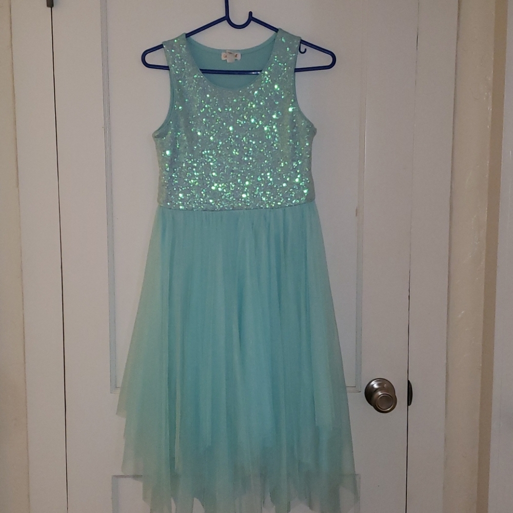 Girl's Size LG 10/12 Teal Sparkly Taffeta Dress